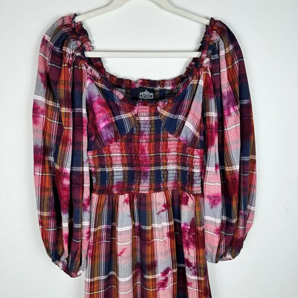 Angie Plaid Flannel Long Sleeve Dress Ruffle Hem Bleach Effect Size S Smocked